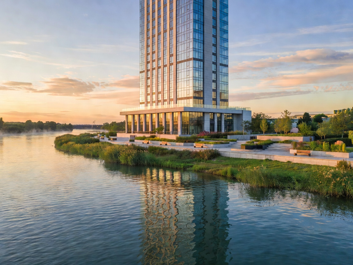Hotel tower positioned next to a river setting